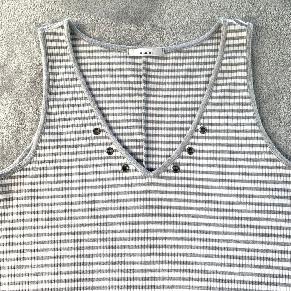 Striped Tank Top V-Neck Gray White Sleeveless Casual Cute Layered Hem Rib Knit S - Picture 4 of 9